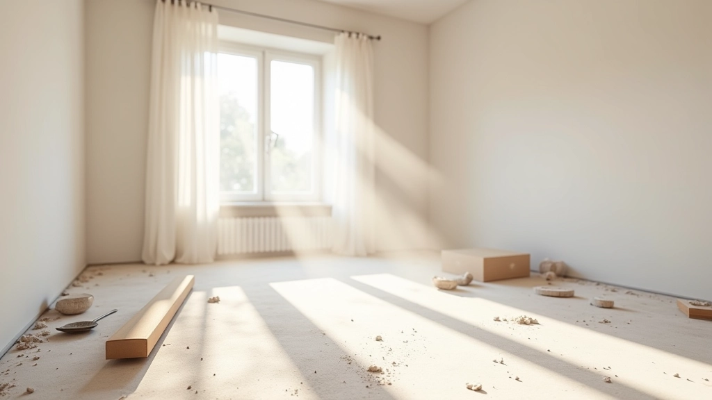 Apartment after renovation showing dust, debris, and construction residue throughout rooms