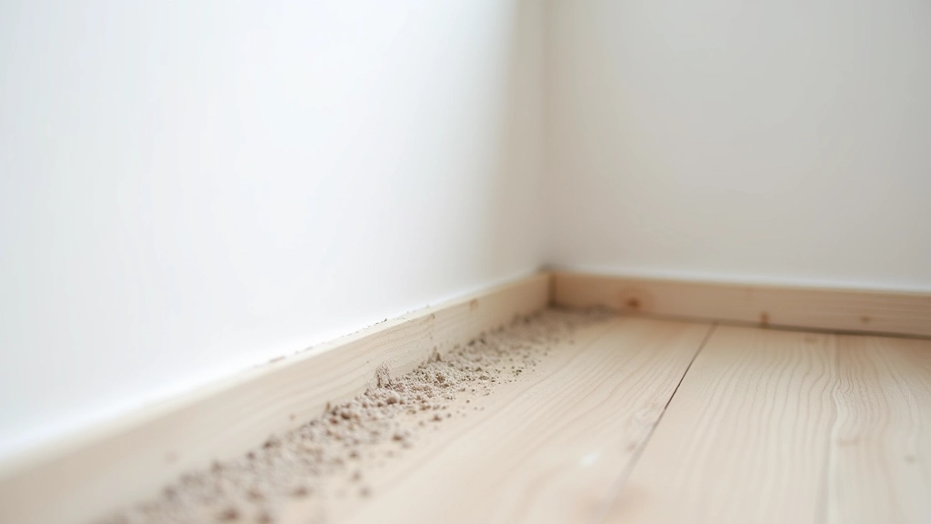 Baseboard and wall junction showing dust accumulation, gray particles visible where trim meets wall, white walls and dark baseboard trim