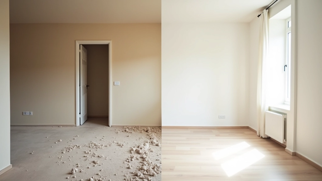Before and after comparison showing dusty renovation site transformed into clean apartment interior
