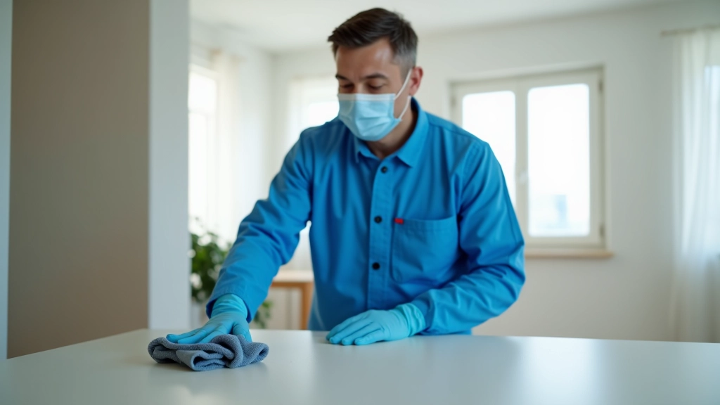 Professional cleaner in protective equipment thoroughly cleaning apartment after renovation work
