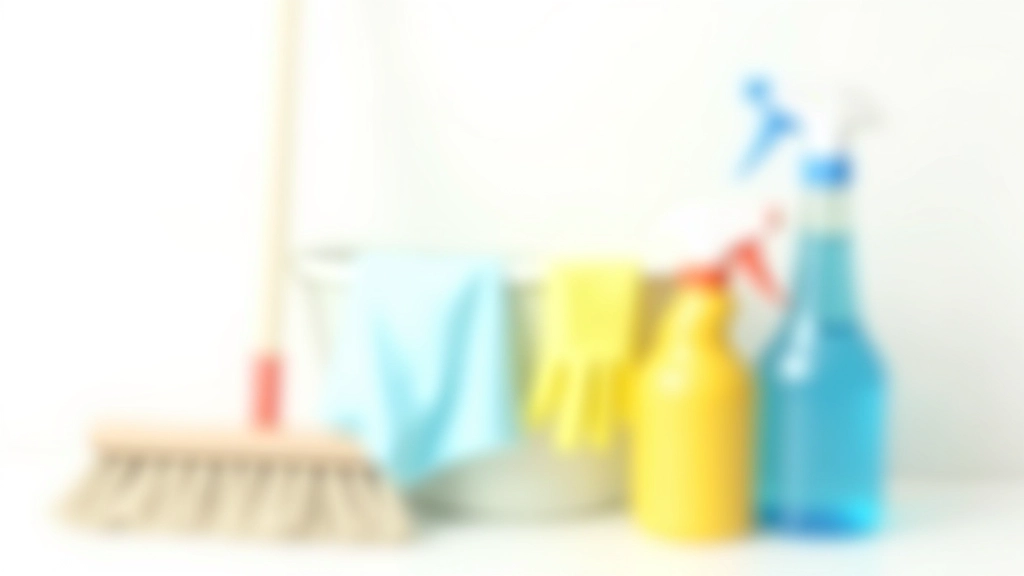 Professional cleaning equipment and supplies arranged neatly including mop, broom, and protective gear