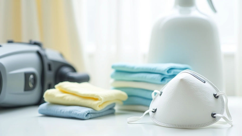 Selection of essential cleaning tools including HEPA vacuum, microfiber cloths, respirator mask, and heavy-duty plastic sheeting laid out on white surface