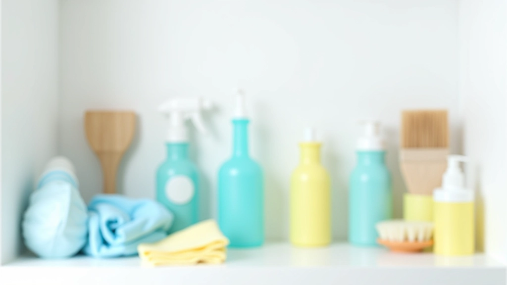 Professional cleaning supplies organized on white shelf including spray bottles, brushes, cloths and protective equipment
