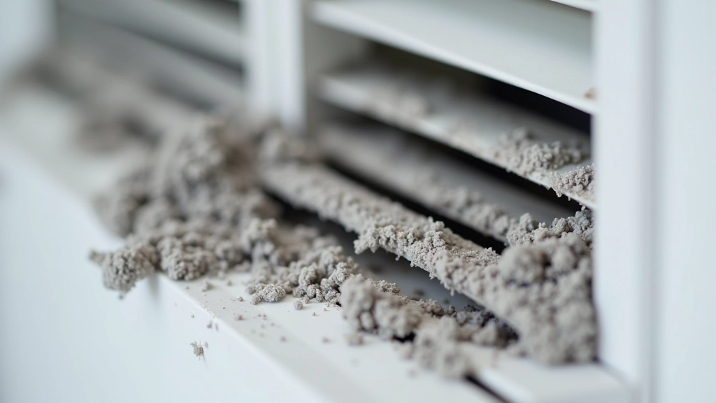 Close-up of white air vent grille with visible gray dust coating, showing construction debris accumulation
