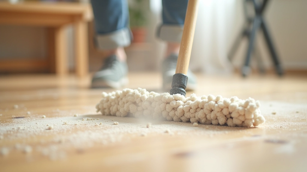 Close-up of damp mop on apartment floor effectively capturing construction dust particles without creating airborne dust