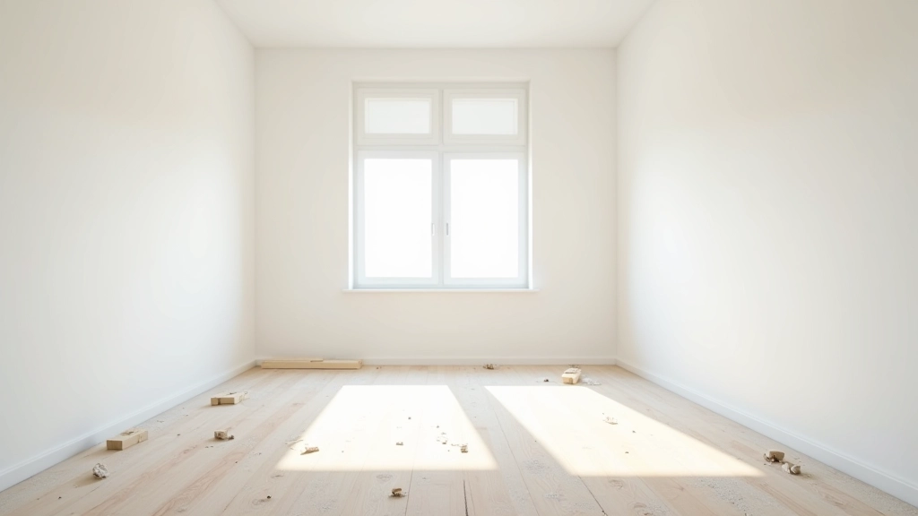 Empty apartment room with dust particles visible in sunlight, white walls, renovation debris on floor
