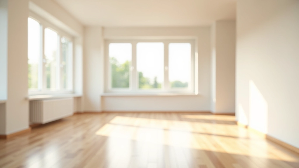 Bright empty apartment living room with afternoon sunlight coming through open windows and clean floors