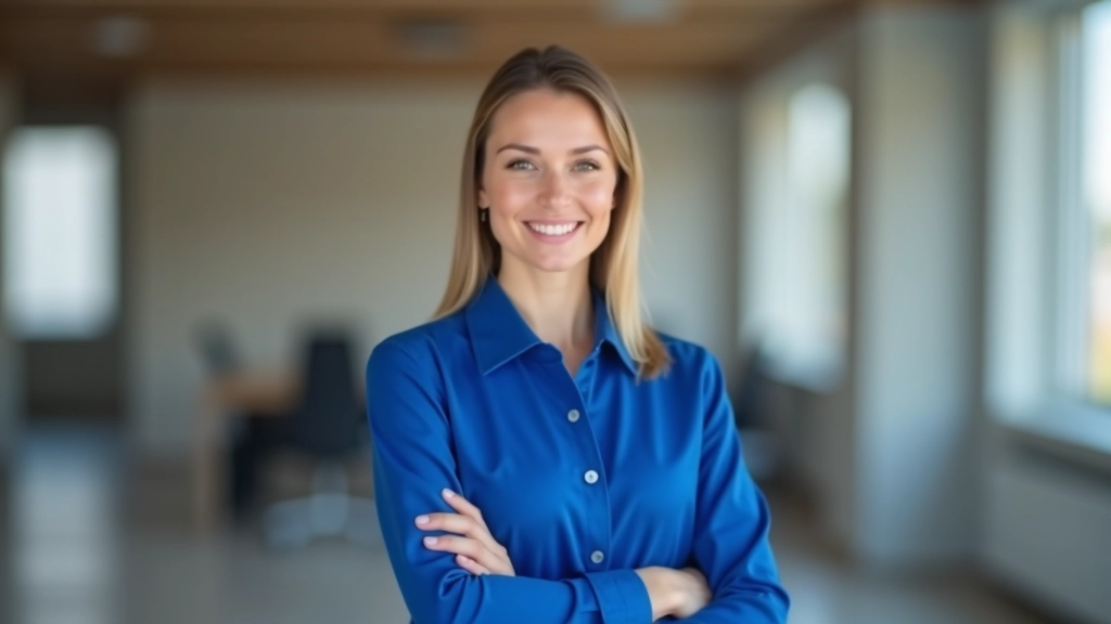 Team supervisor in professional cleaning attire, portrait from shoulders up, friendly demeanor