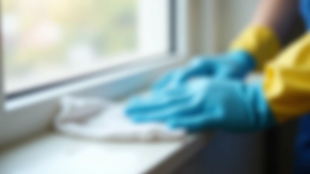 Close-up of gloved hands cleaning window frame and sill with damp cloth, removing dust from corners