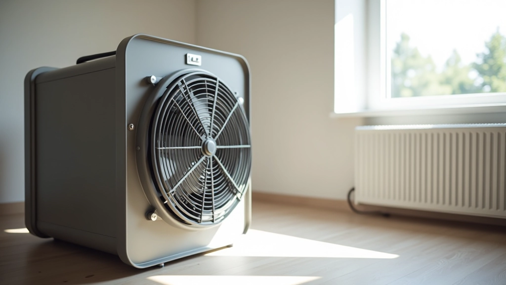 Industrial fan positioned near window creating negative air pressure to contain and remove construction dust from workspace