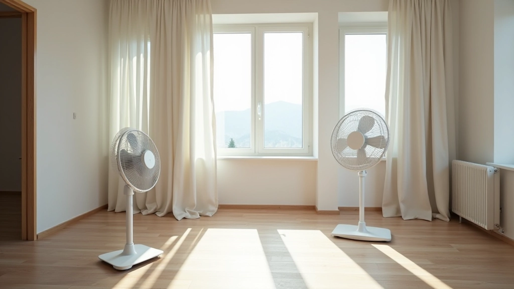 Open windows and fans positioned for cross-ventilation in modern apartment with natural light streaming through