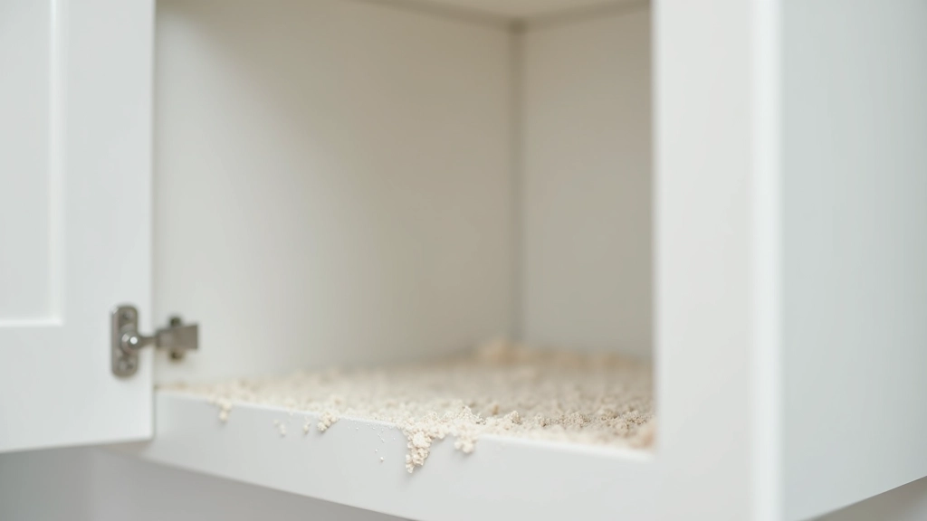 Interior of kitchen cabinet showing dust accumulation on shelves and inside surfaces, white cabinet interior covered with fine particles