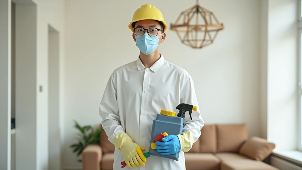 Person wearing full protective equipment including dust mask, gloves, and safety goggles while holding cleaning supplies in bright apartment setting