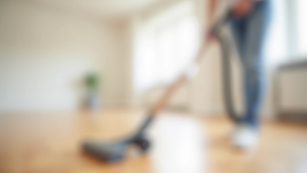 Person vacuuming hardwood floor in empty apartment room with HEPA filter vacuum cleaner