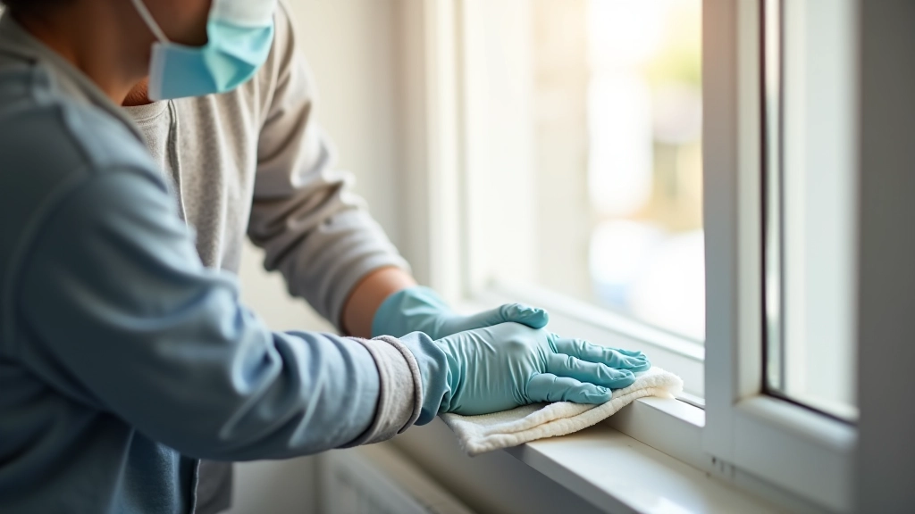 Person wearing protective mask and gloves wiping dust from window sill with white cloth in bright daylight