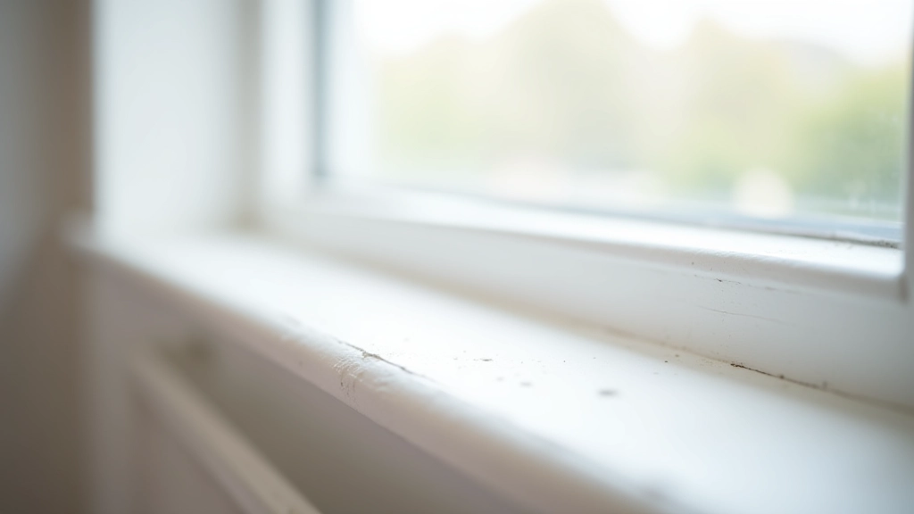 Close-up of clean window sill and frame after dust removal, detail shot showing professional finish