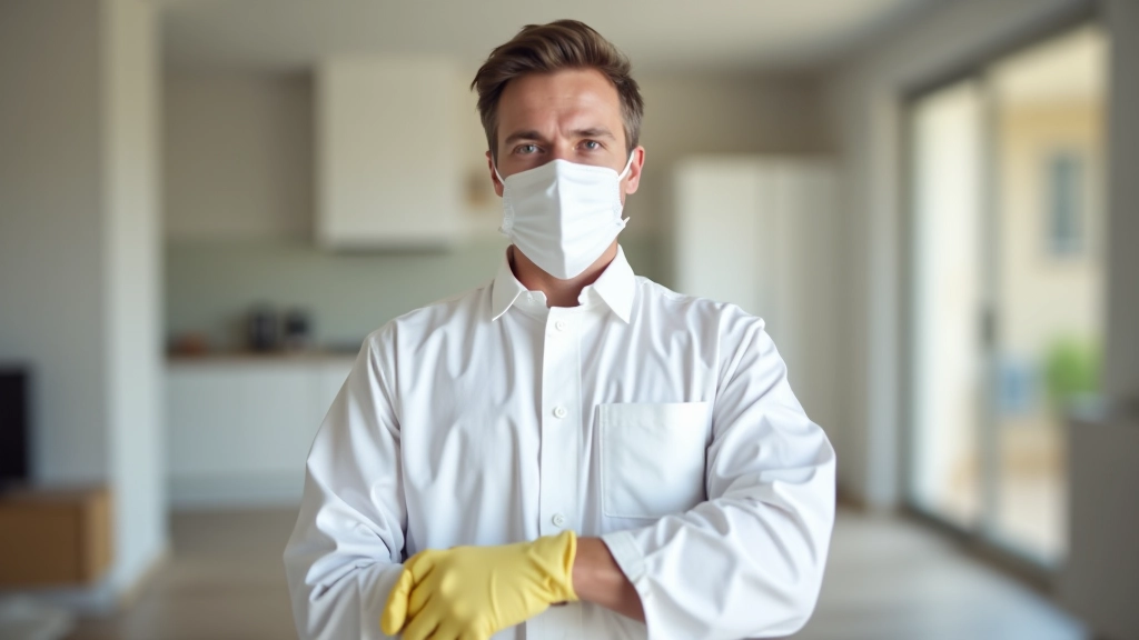 Worker in protective gear performing detailed dust removal from apartment surfaces with professional tools